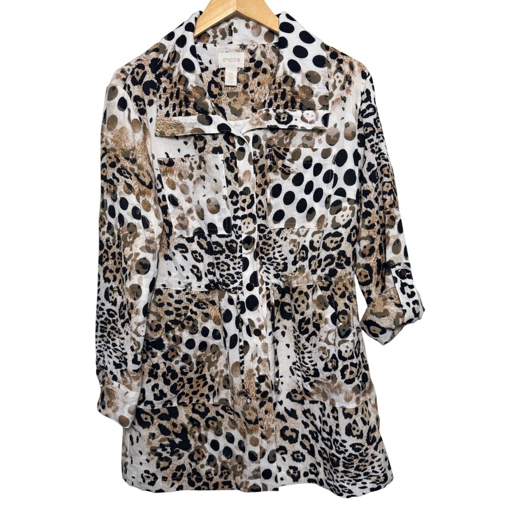 Chicos‎ Jacket 0 Small Animal Print Gold Button Down Long Sleeve Tunic Length